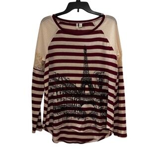 Cato Women's Striped Top Medium Paris Cityscape Grape Long Sleeve